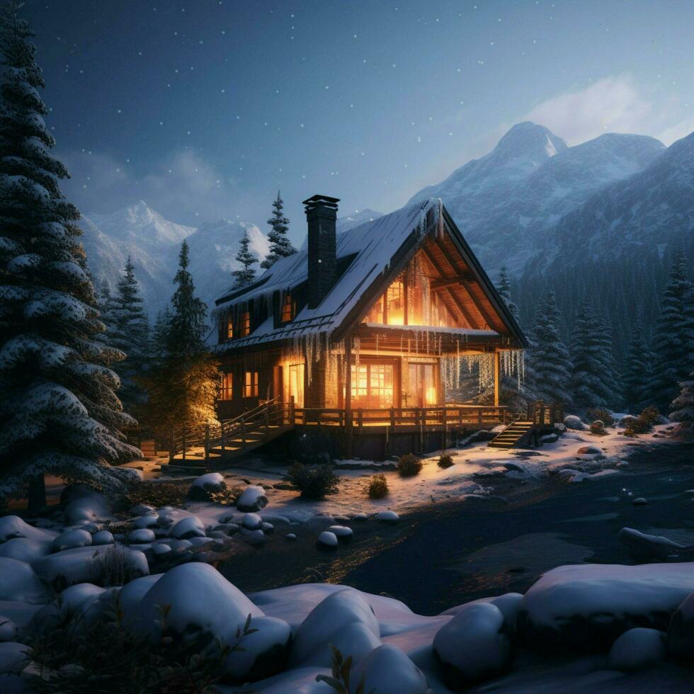 A cozy cabin nestled in a snowy mountainous landscape photo