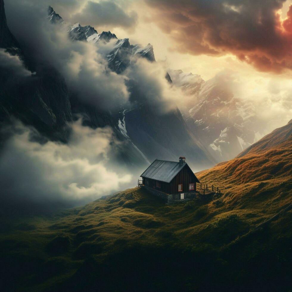 A cozy cabin surrounded by misty mountains and swirling photo