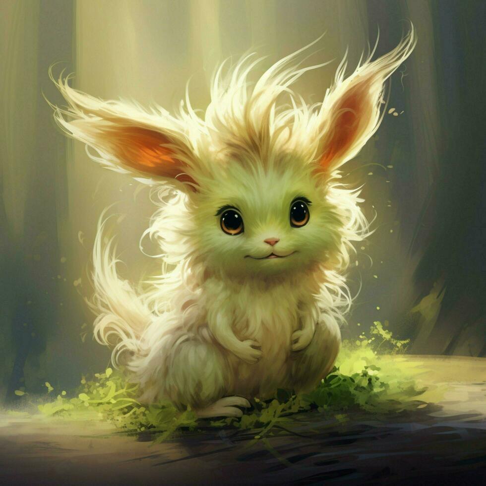 A creature with a curly fluffy tail and a joyful energetic photo