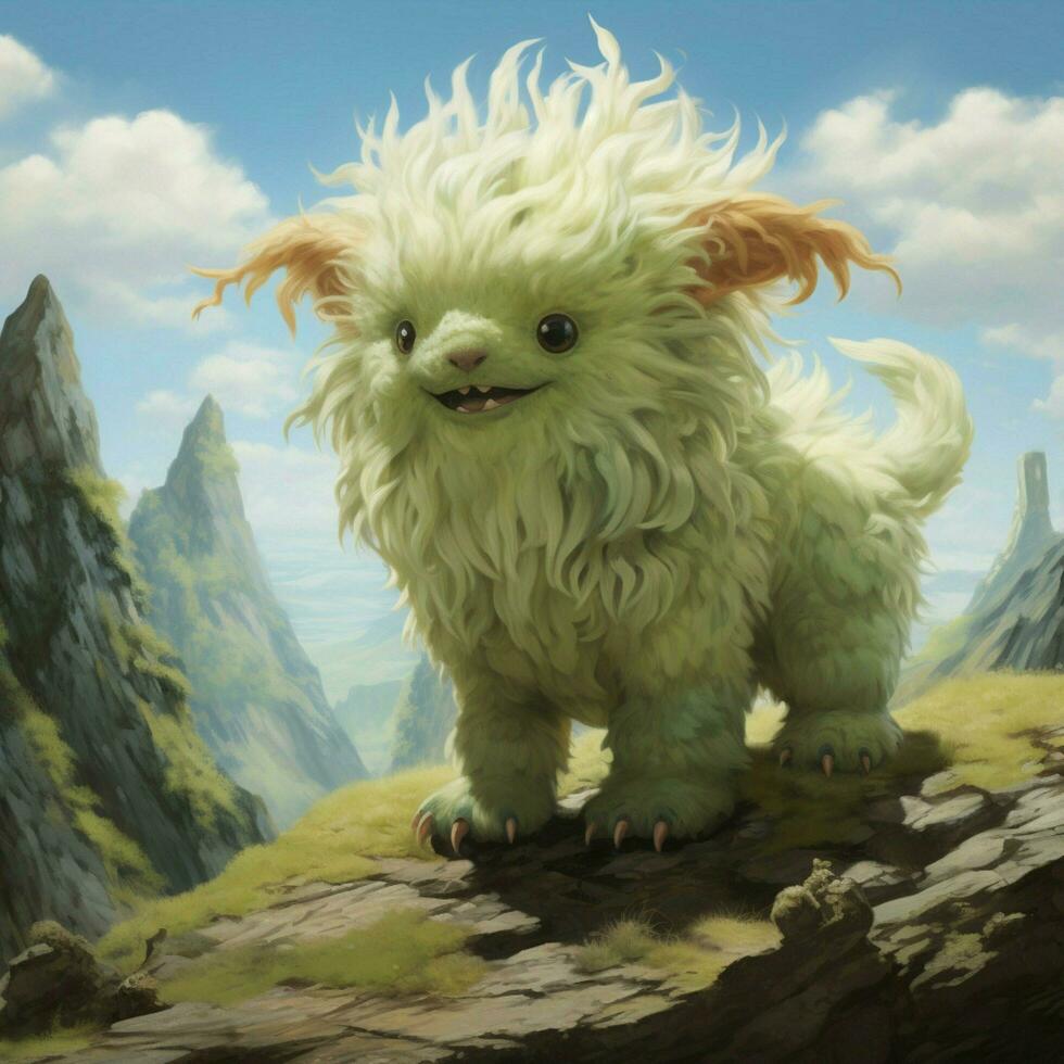 A creature with a curly fluffy tail and a joyful energetic photo