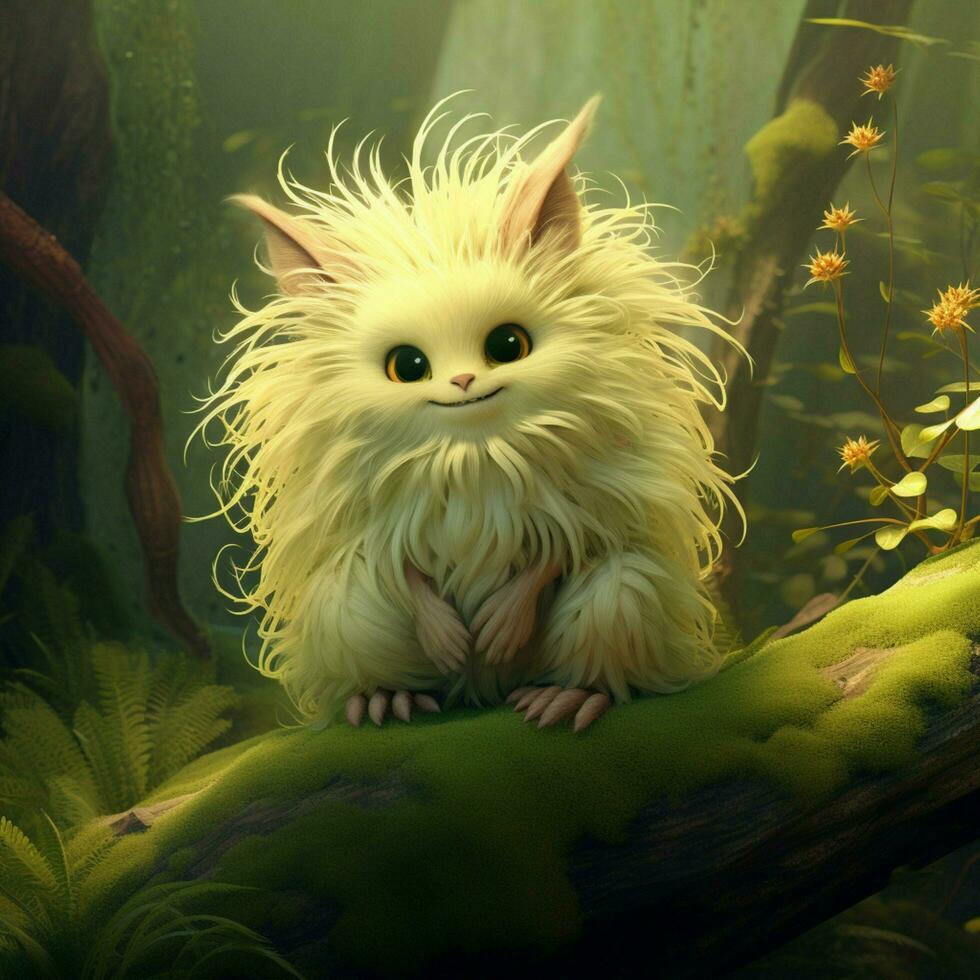 A creature with a curly fluffy tail and a joyful energetic photo