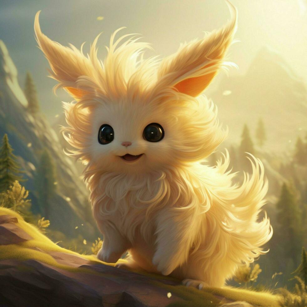 A creature with a curly fluffy tail and a joyful energetic photo