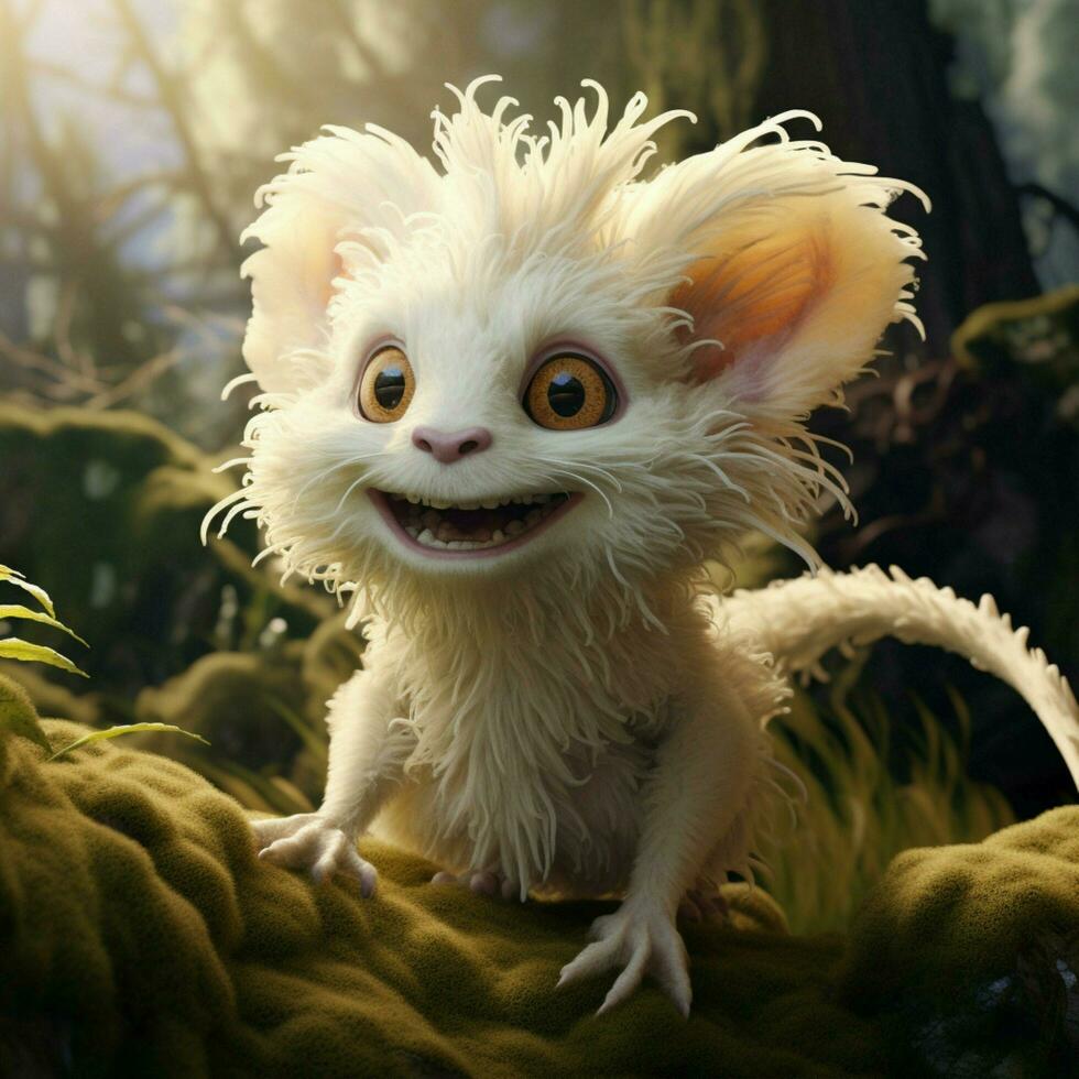 A creature with a curly fluffy tail and a joyful energetic photo