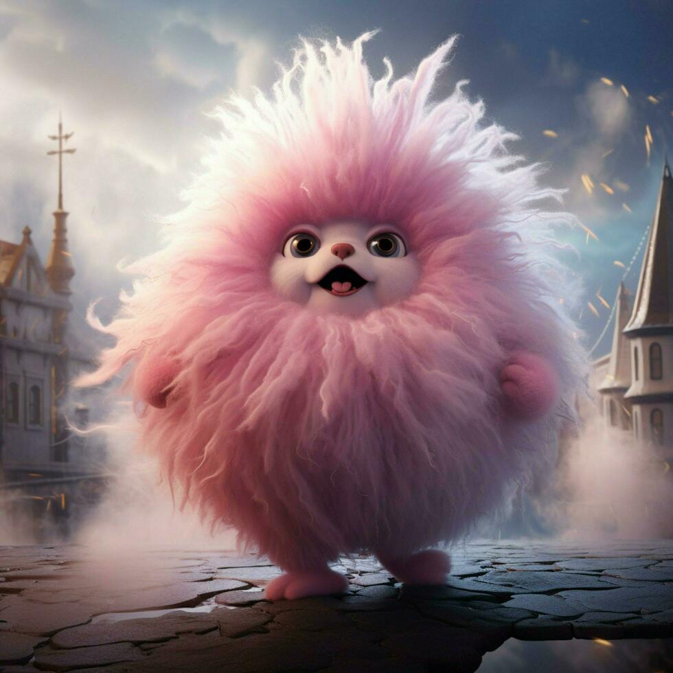 A creature with fluffy cotton candy-like fur and an photo