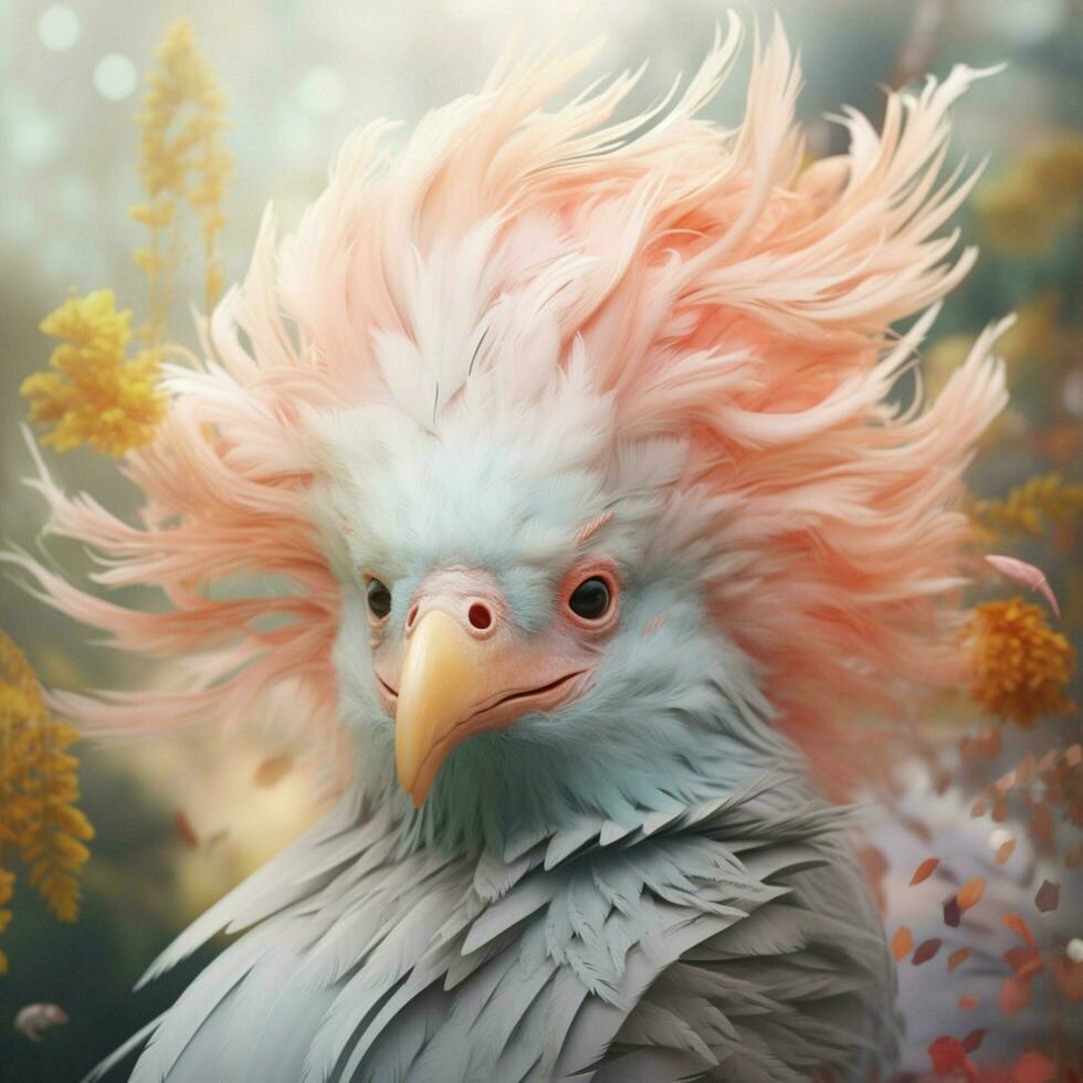 A creature with fluffy pastel-colored feathers and a sooth photo
