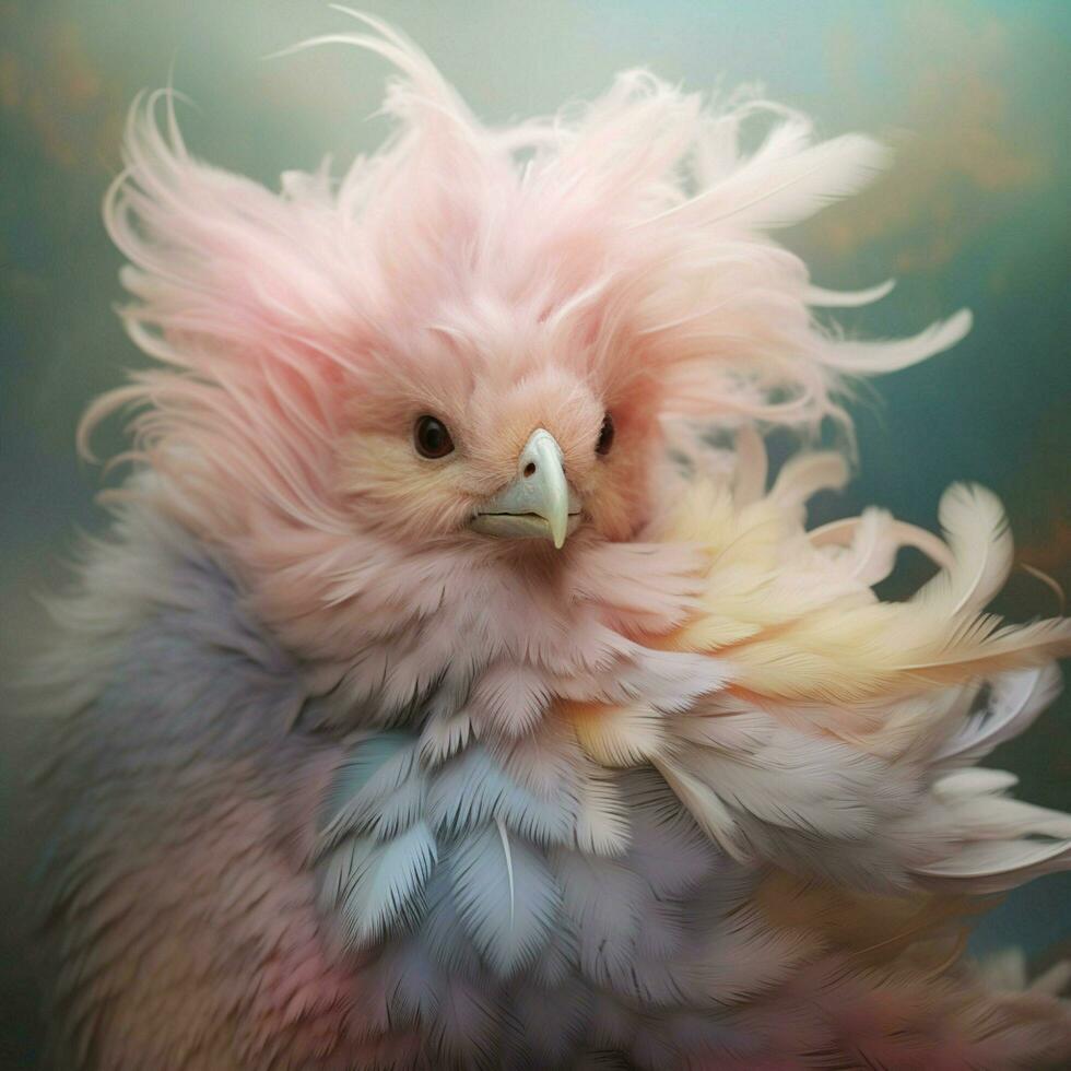 A creature with fluffy pastel-colored feathers and a sooth photo