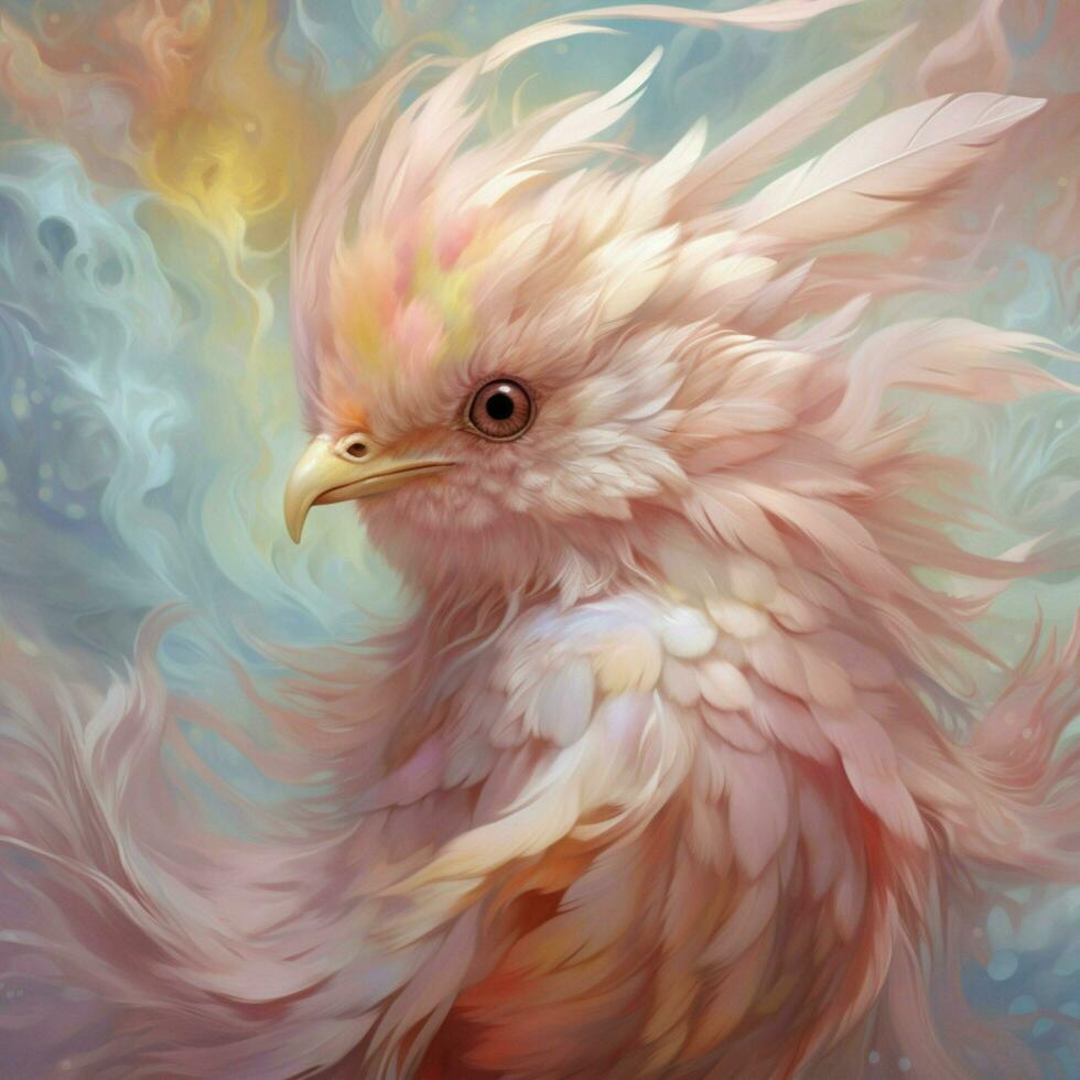 A creature with fluffy pastel-colored feathers and a sooth photo