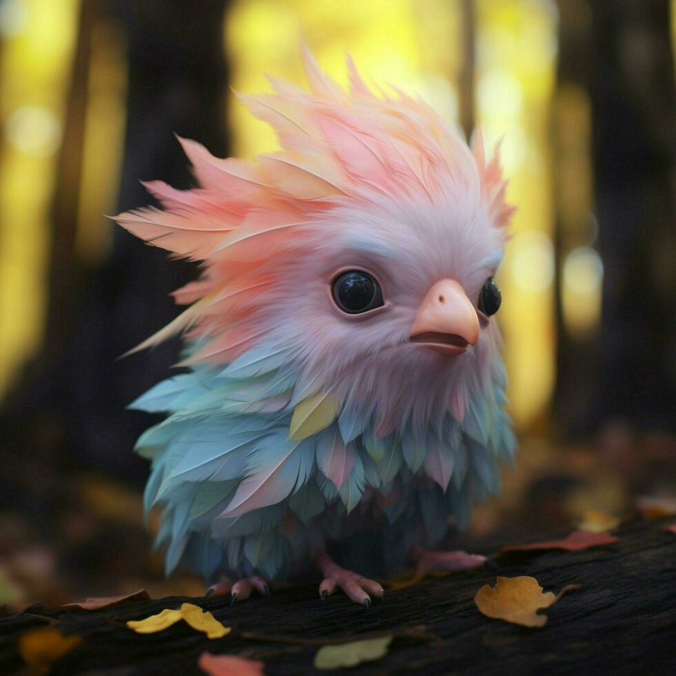 A creature with fluffy pastel-colored feathers and a sooth photo