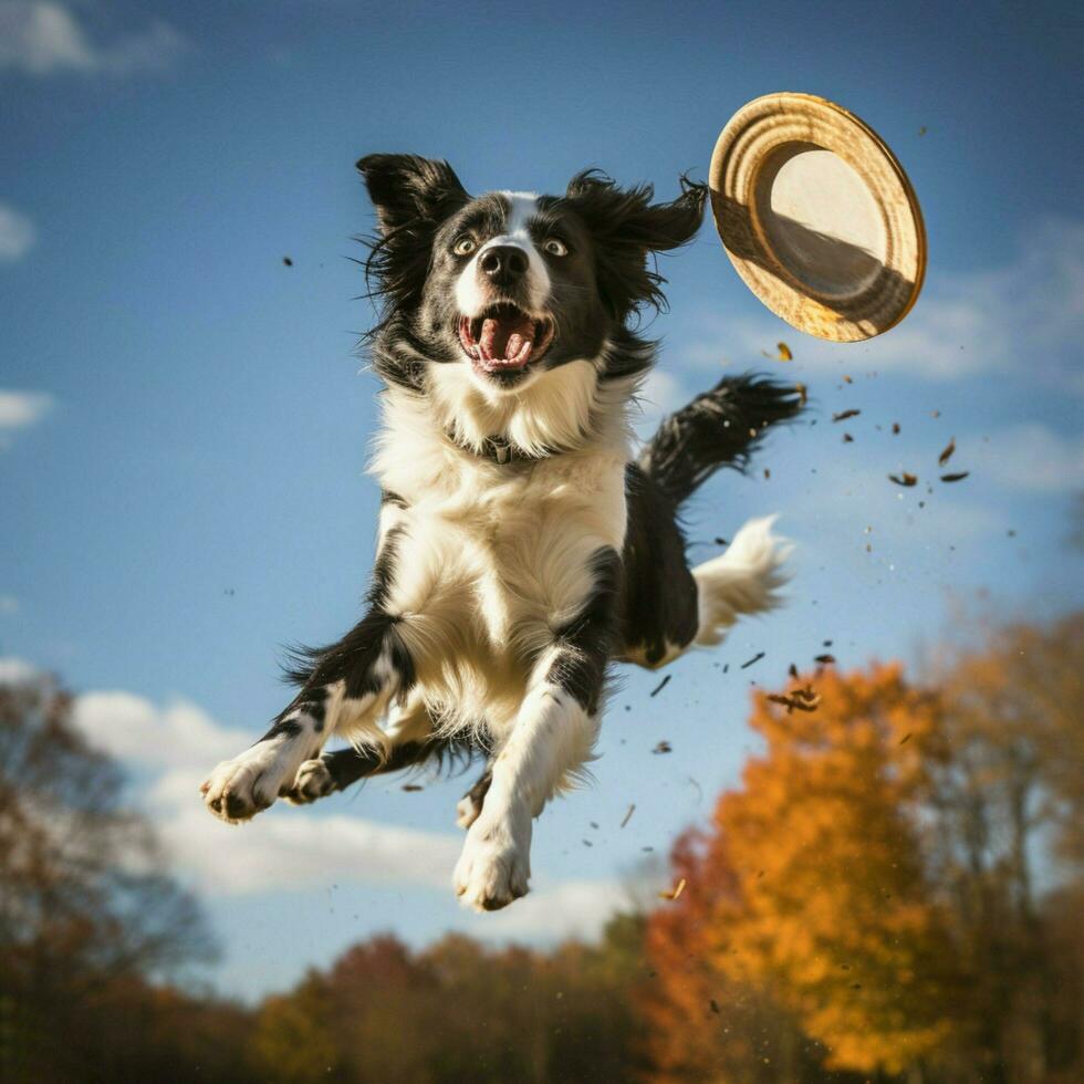 un dinámica perro atrapando un frisbee aire foto