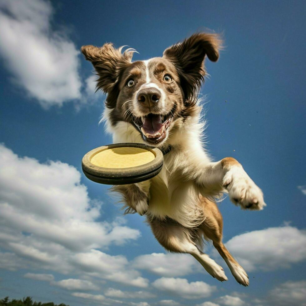 un dinámica perro atrapando un frisbee aire foto