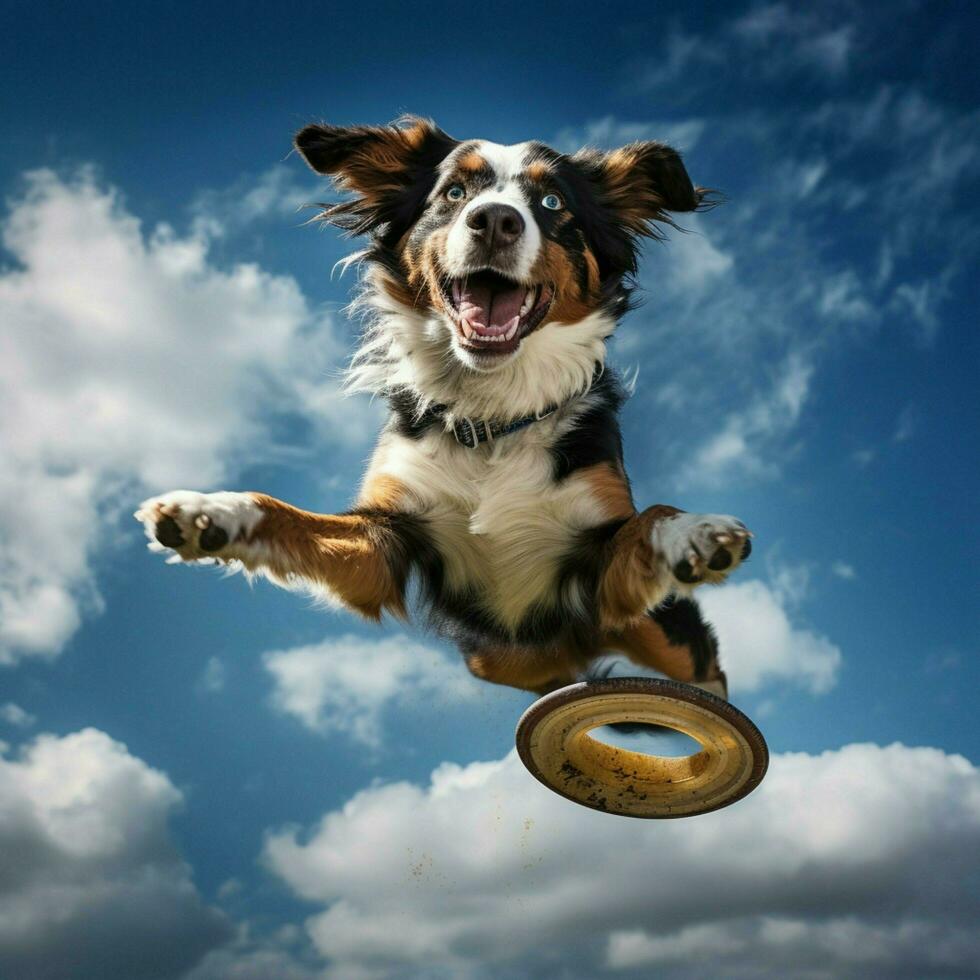 un dinámica perro atrapando un frisbee aire foto
