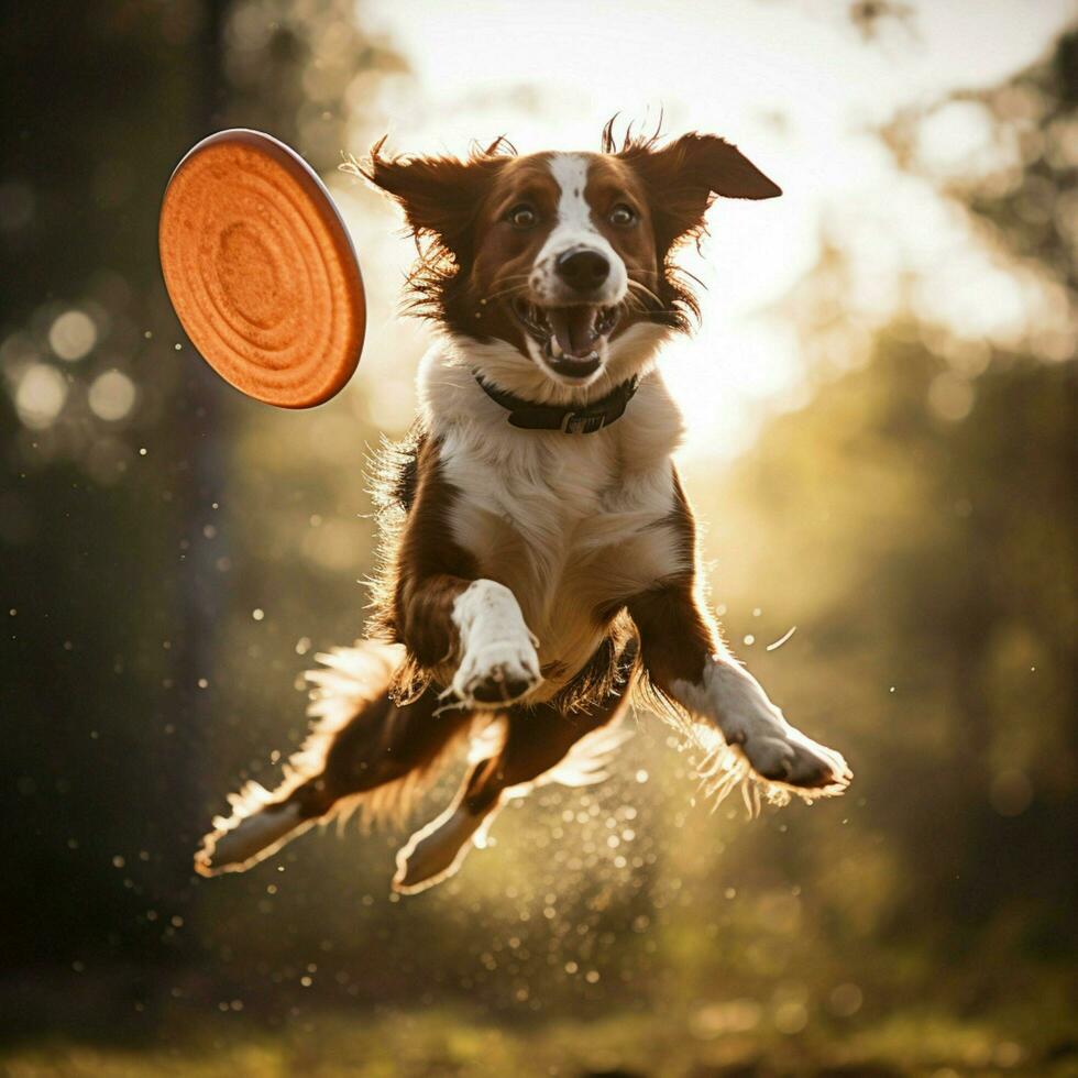 A dynamic dog catching a frisbee mid-air photo