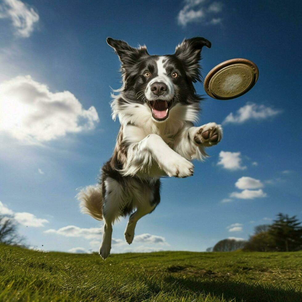 un dinámica perro atrapando un frisbee aire foto