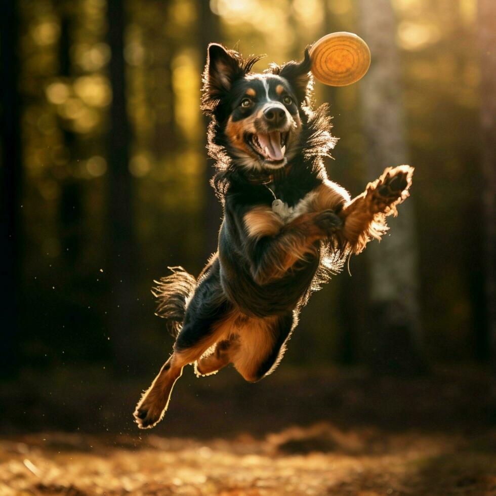 A dynamic dog catching a frisbee mid-air photo