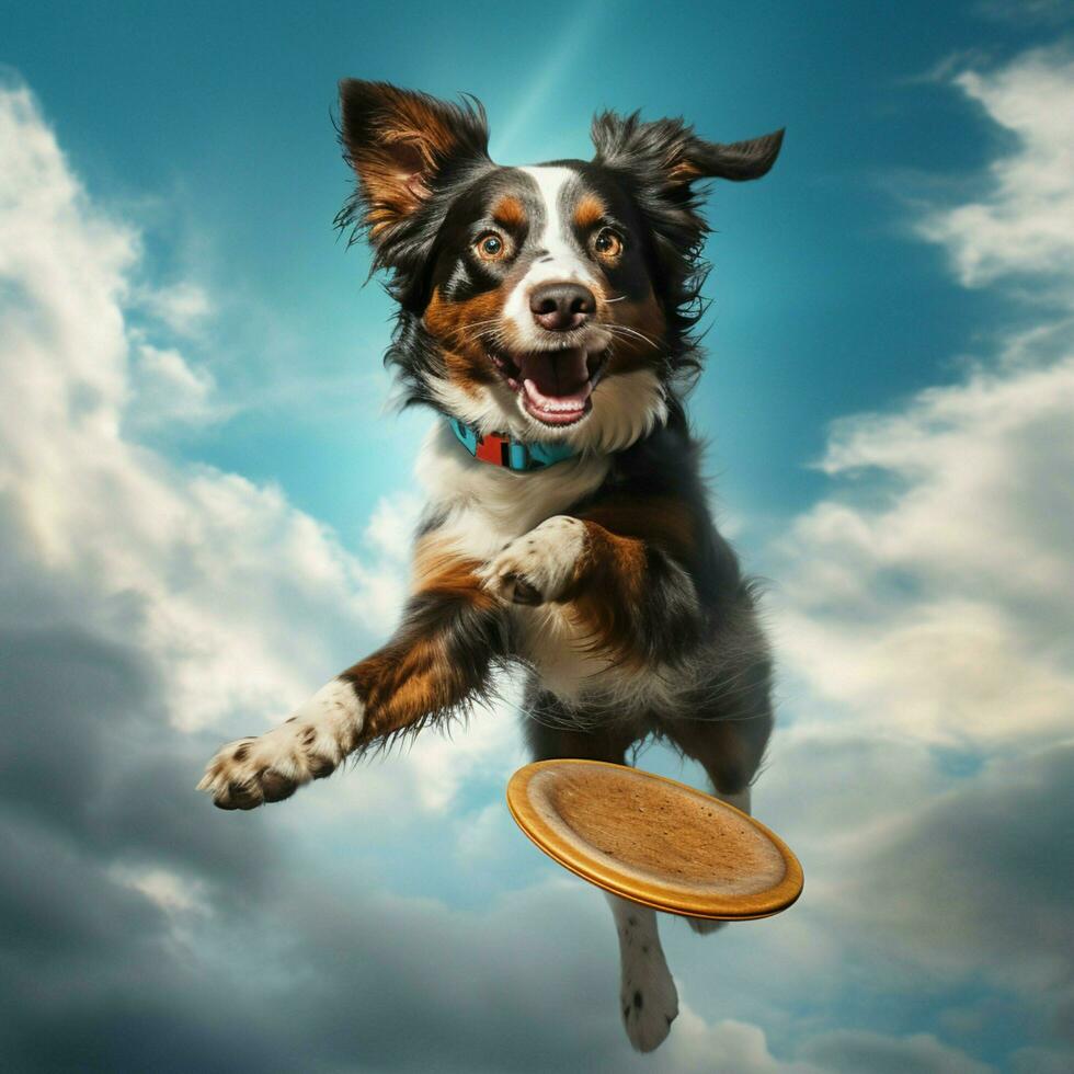 A dynamic dog catching a frisbee mid-air photo