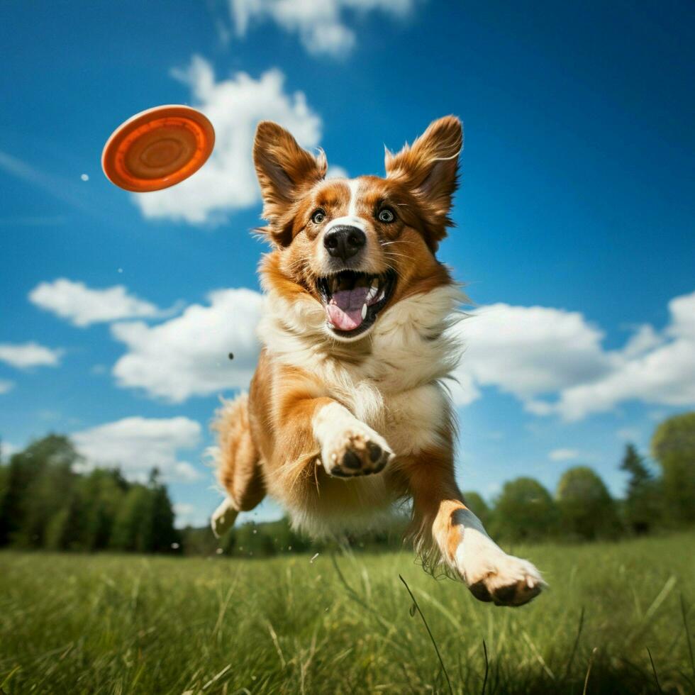 A dynamic dog catching a frisbee mid-air photo