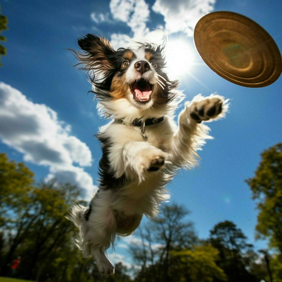 A dynamic dog catching a frisbee mid-air photo