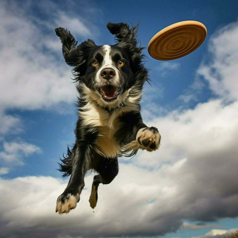 A dynamic dog catching a frisbee mid-air photo