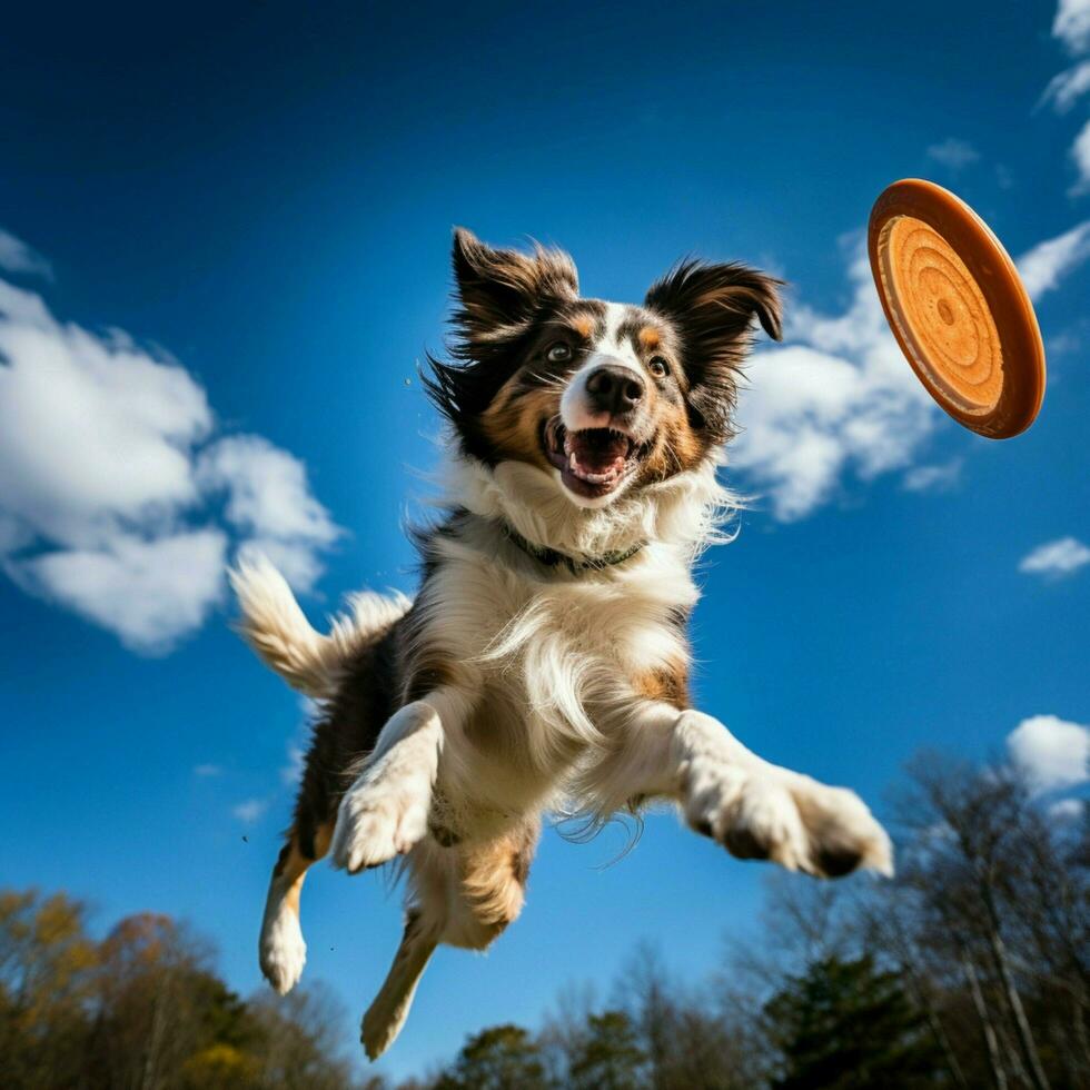 un dinámica perro atrapando un frisbee aire foto