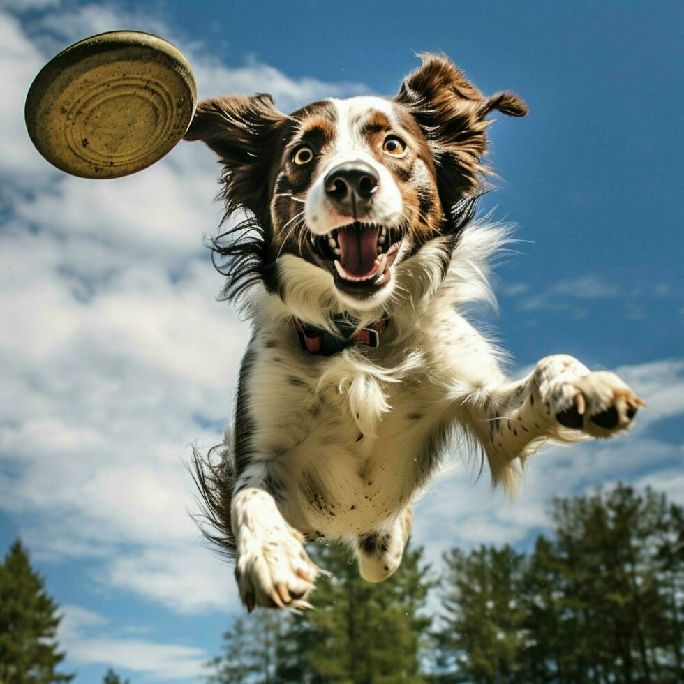 A dynamic dog catching a frisbee mid-air photo