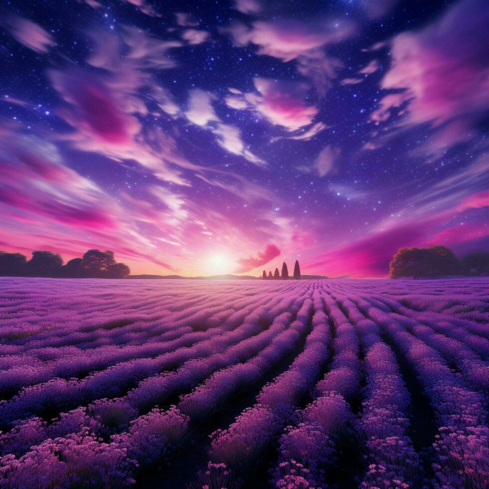 A field of lavender in full bloom under a vivid purple sky photo