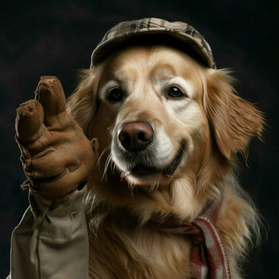 A friendly dog offering a paw for a handshake photo