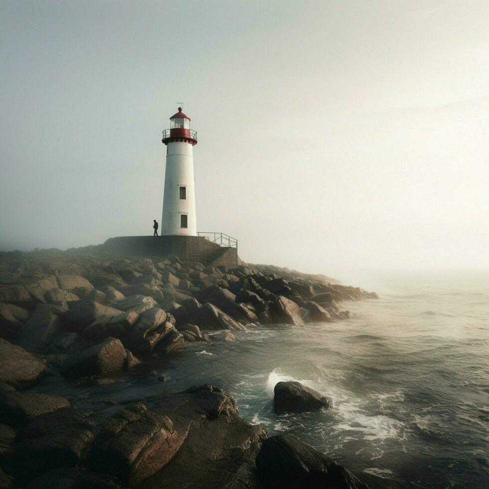 A gentle fog enveloping a lonely lighthouse by the sea photo