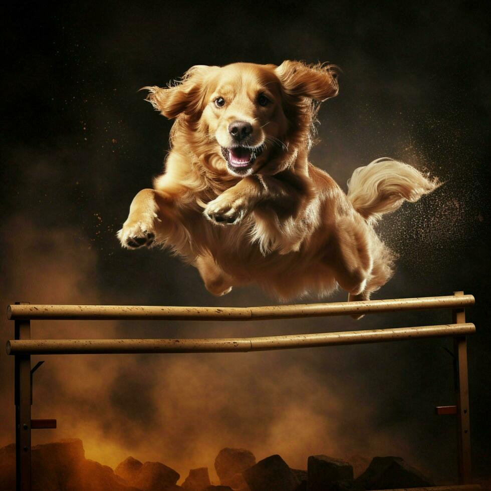 A graceful dog leaping over obstacles photo