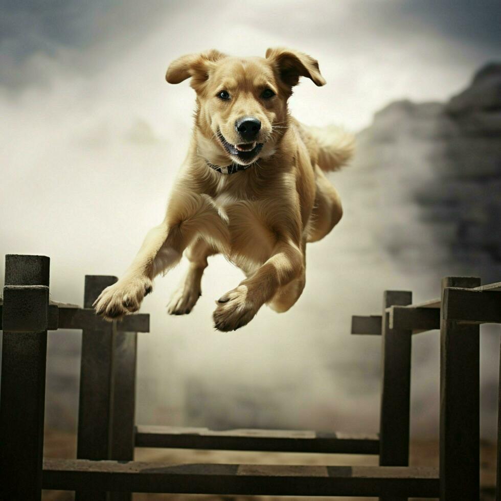 A graceful dog leaping over obstacles photo