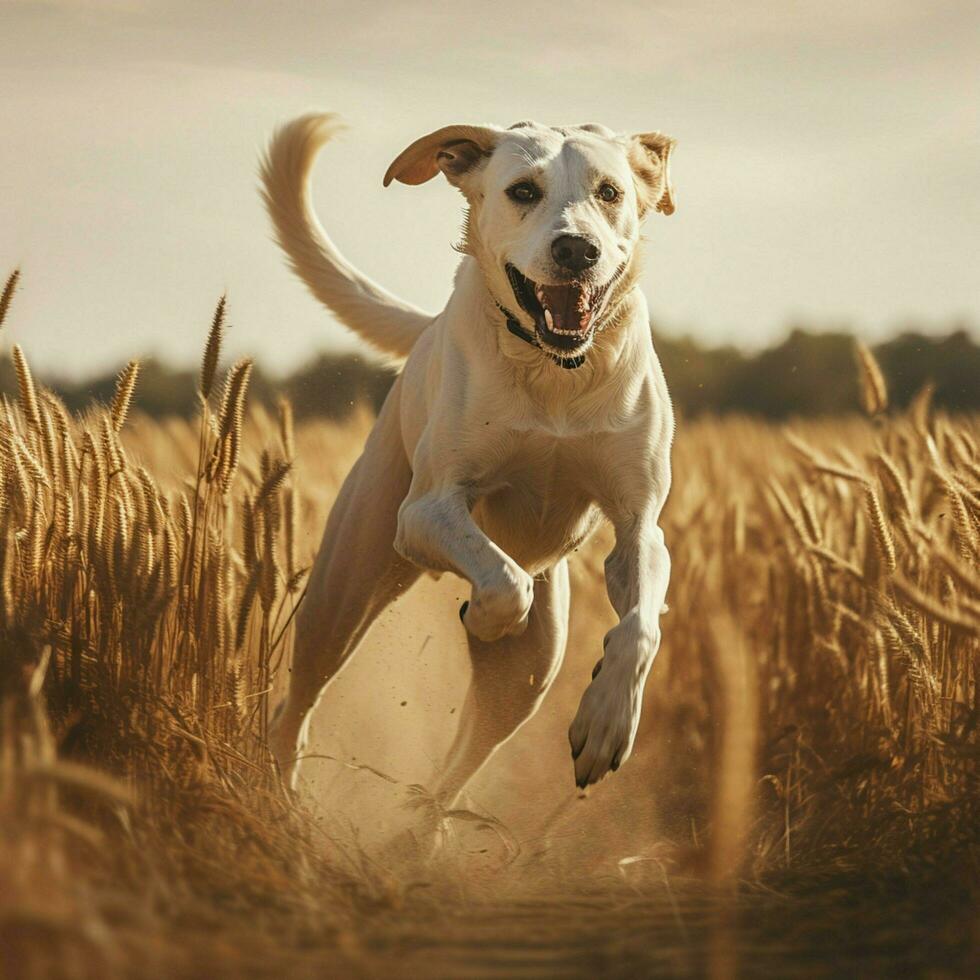A graceful dog prancing through a field photo