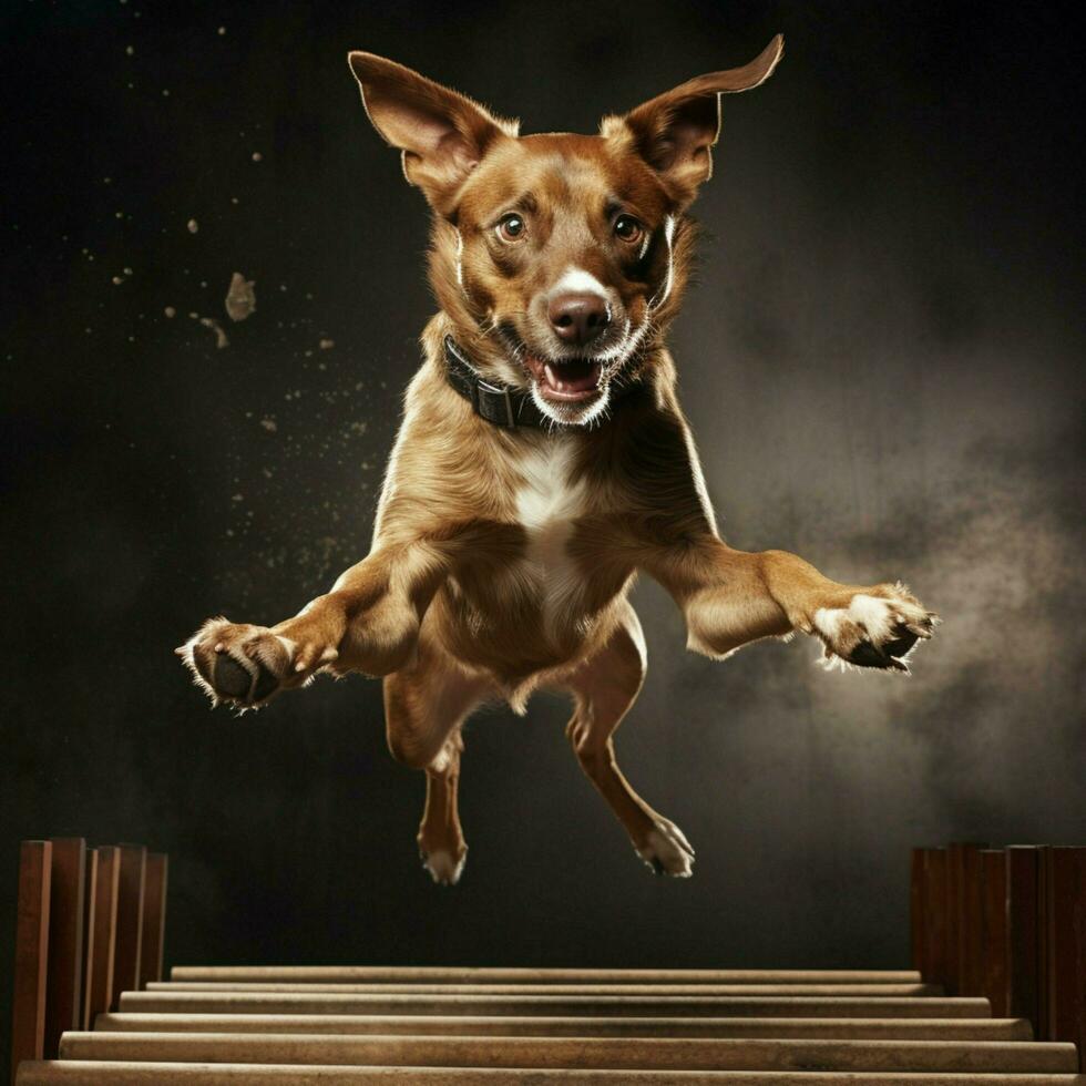 A graceful dog leaping over obstacles photo