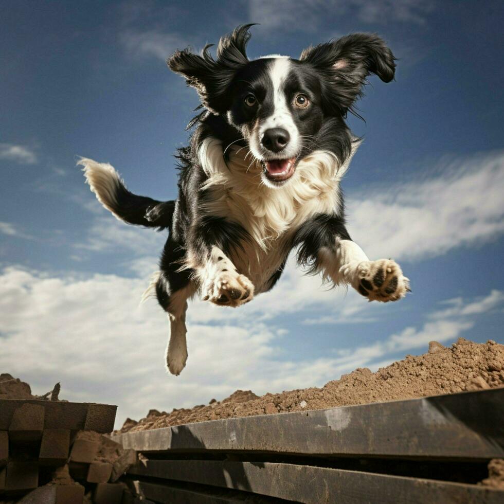 A graceful dog leaping over obstacles photo