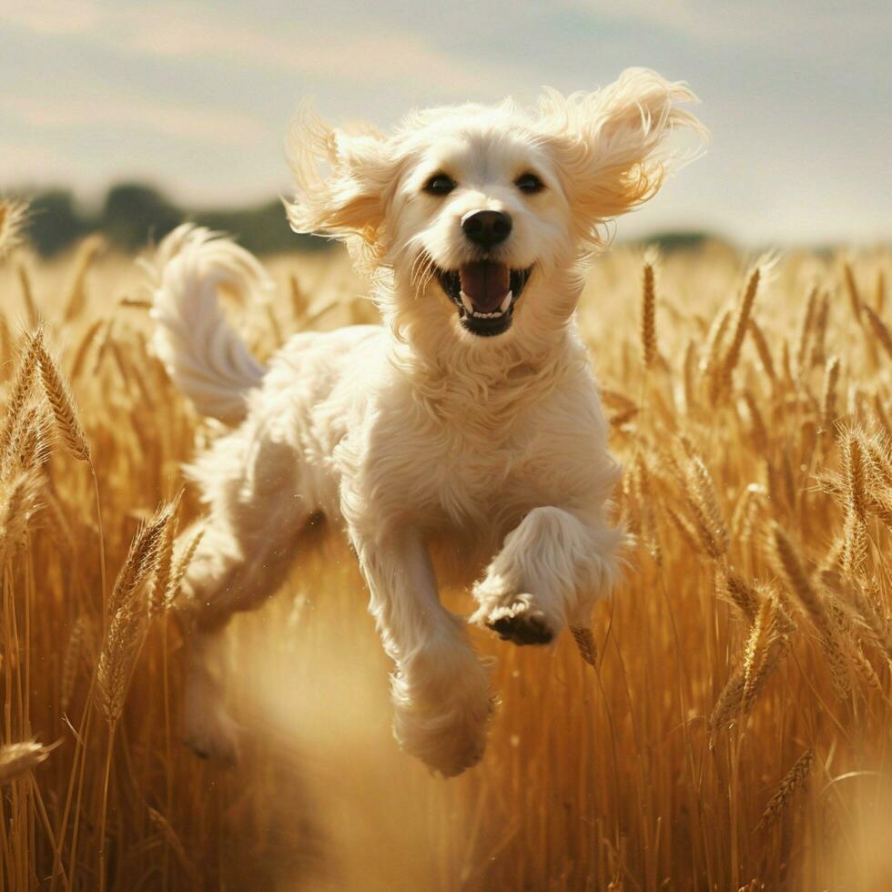 A graceful dog prancing through a field photo