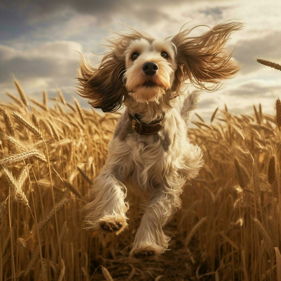 A graceful dog prancing through a field photo