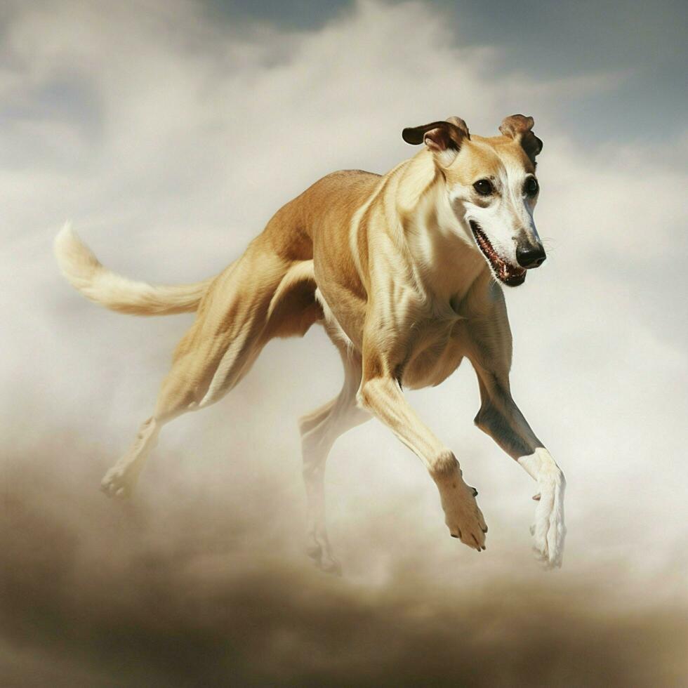 A graceful greyhound sprinting at full speed photo