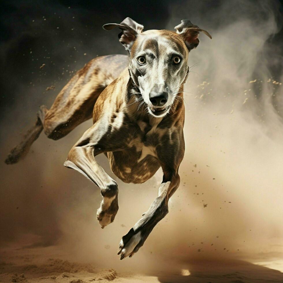 A graceful greyhound sprinting at full speed photo