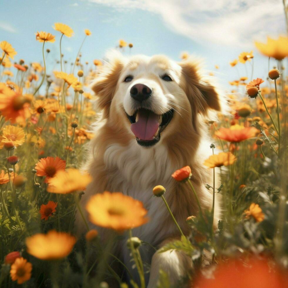 un contento perro tomando el sol en un campo de flores foto