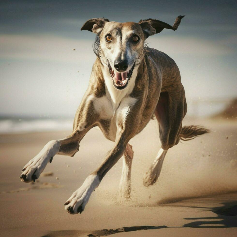 A graceful greyhound sprinting at full speed photo