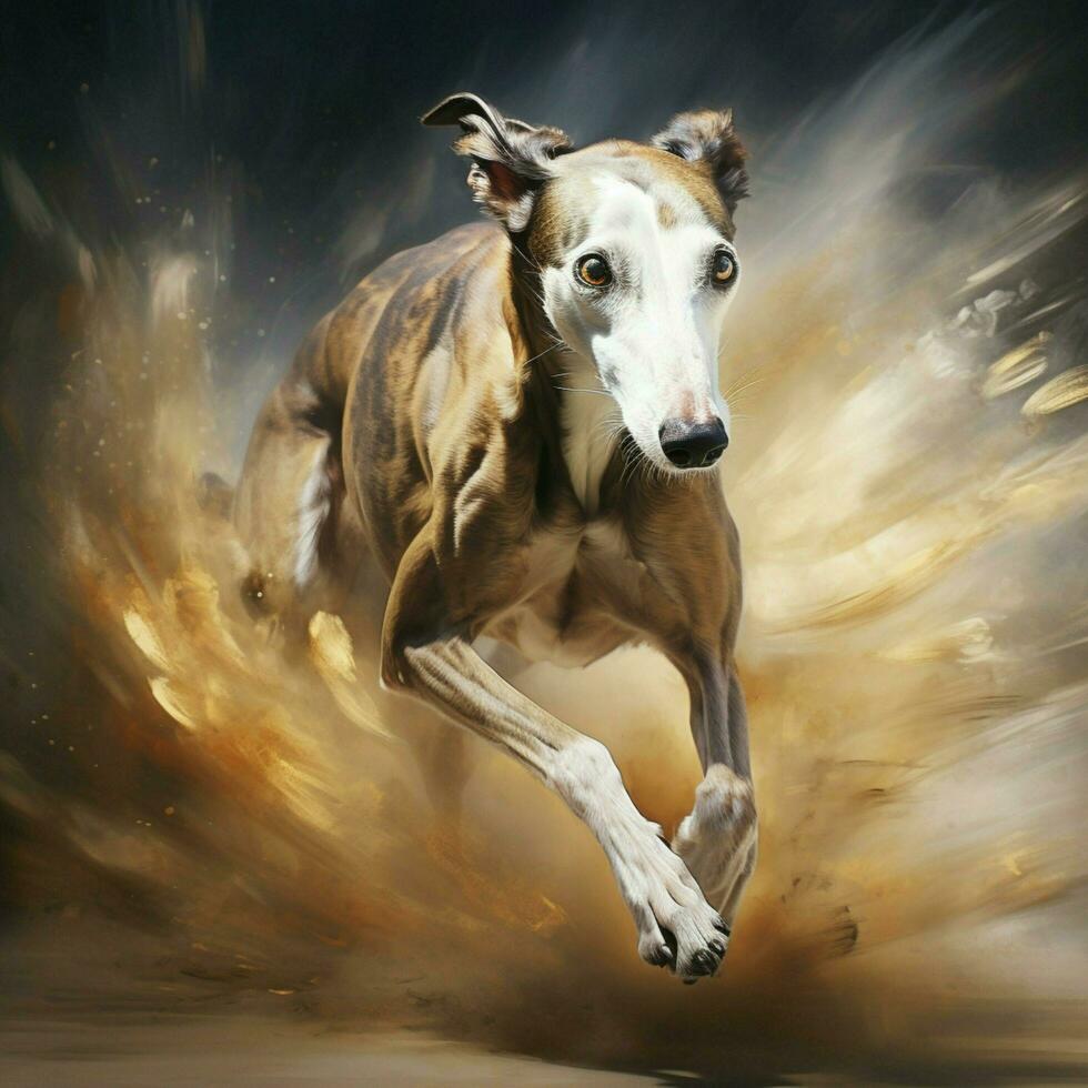 A graceful greyhound sprinting at full speed photo