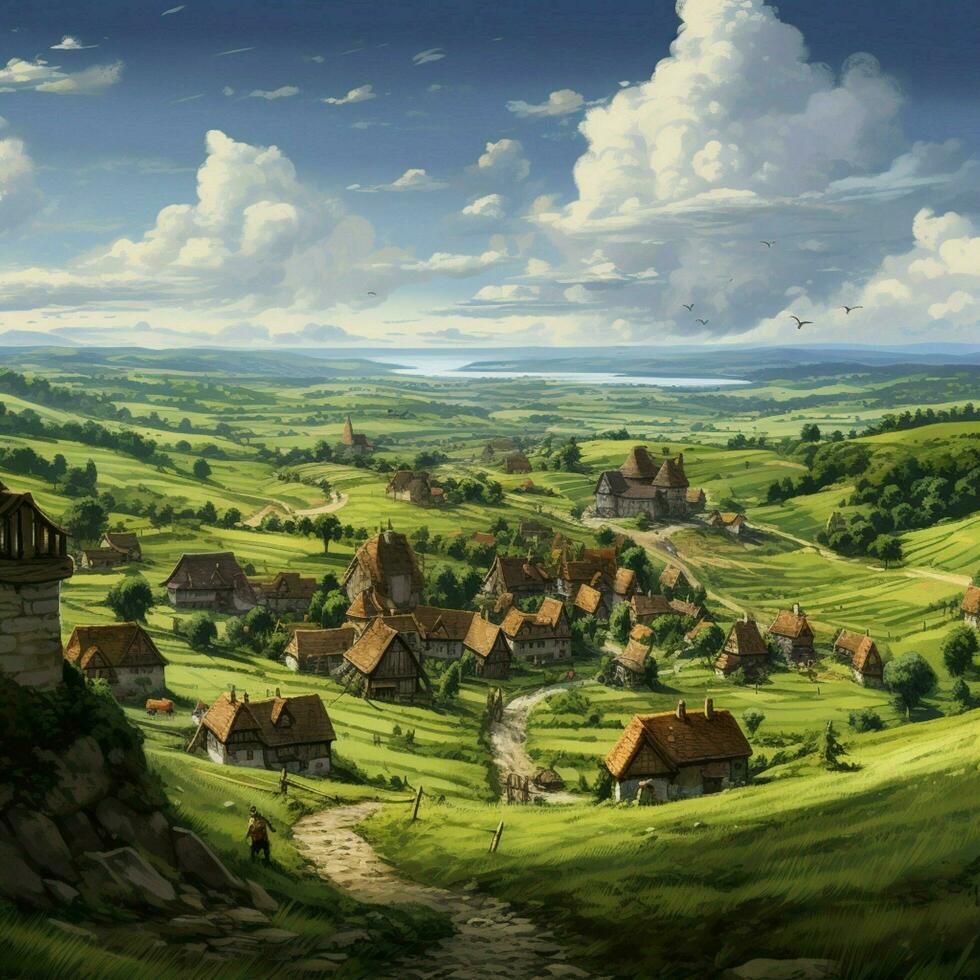 A peaceful village nestled amidst rolling hills photo