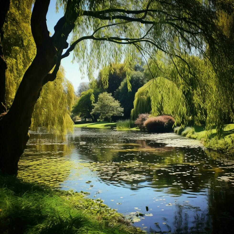 A peaceful pond surrounded by weeping willows photo