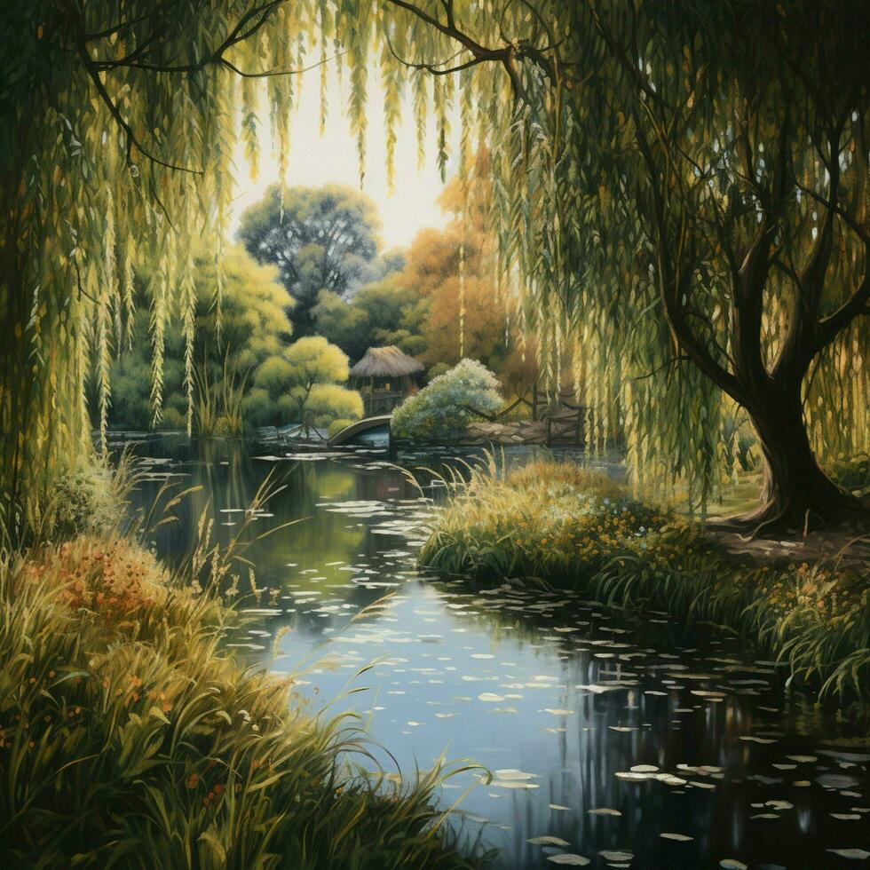 A peaceful pond surrounded by weeping willows photo