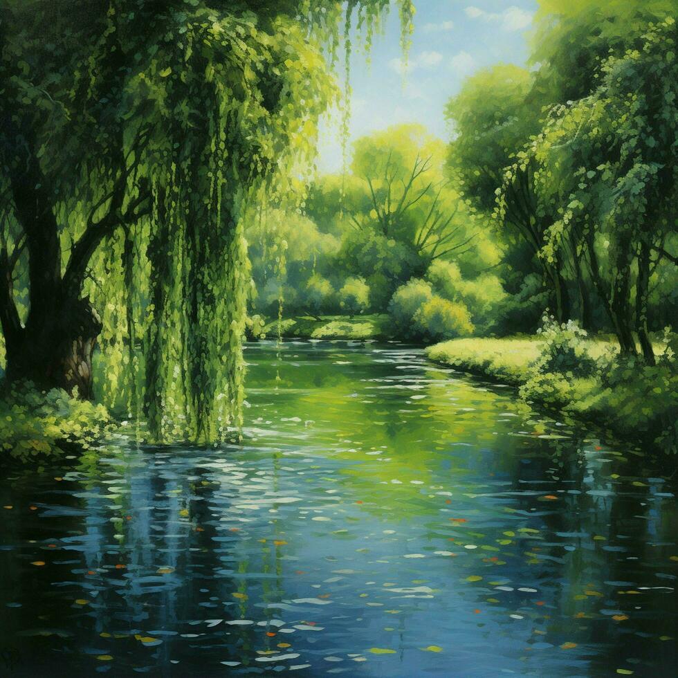 A peaceful pond surrounded by weeping willows photo