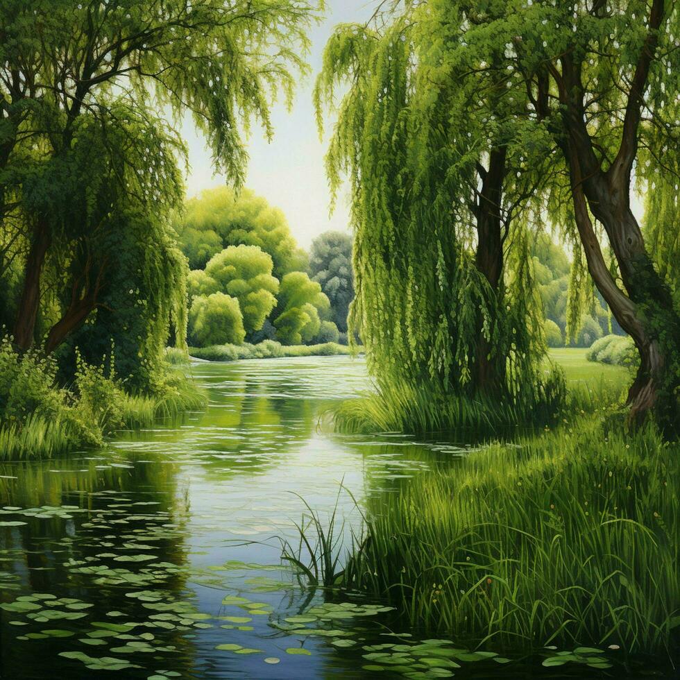 A peaceful pond surrounded by weeping willows photo