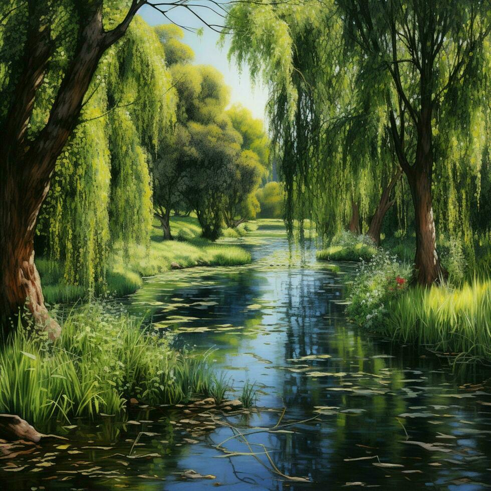 A peaceful pond surrounded by weeping willows photo