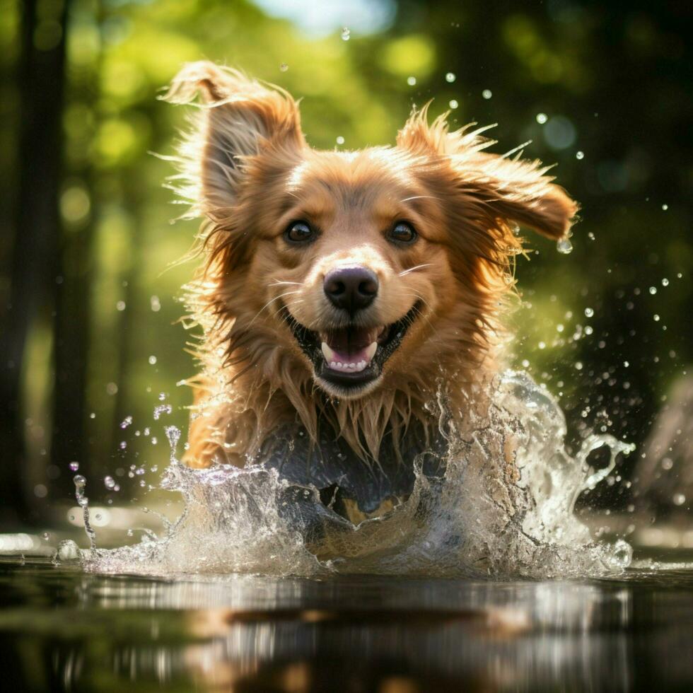 A playful dog splashing in a stream photo