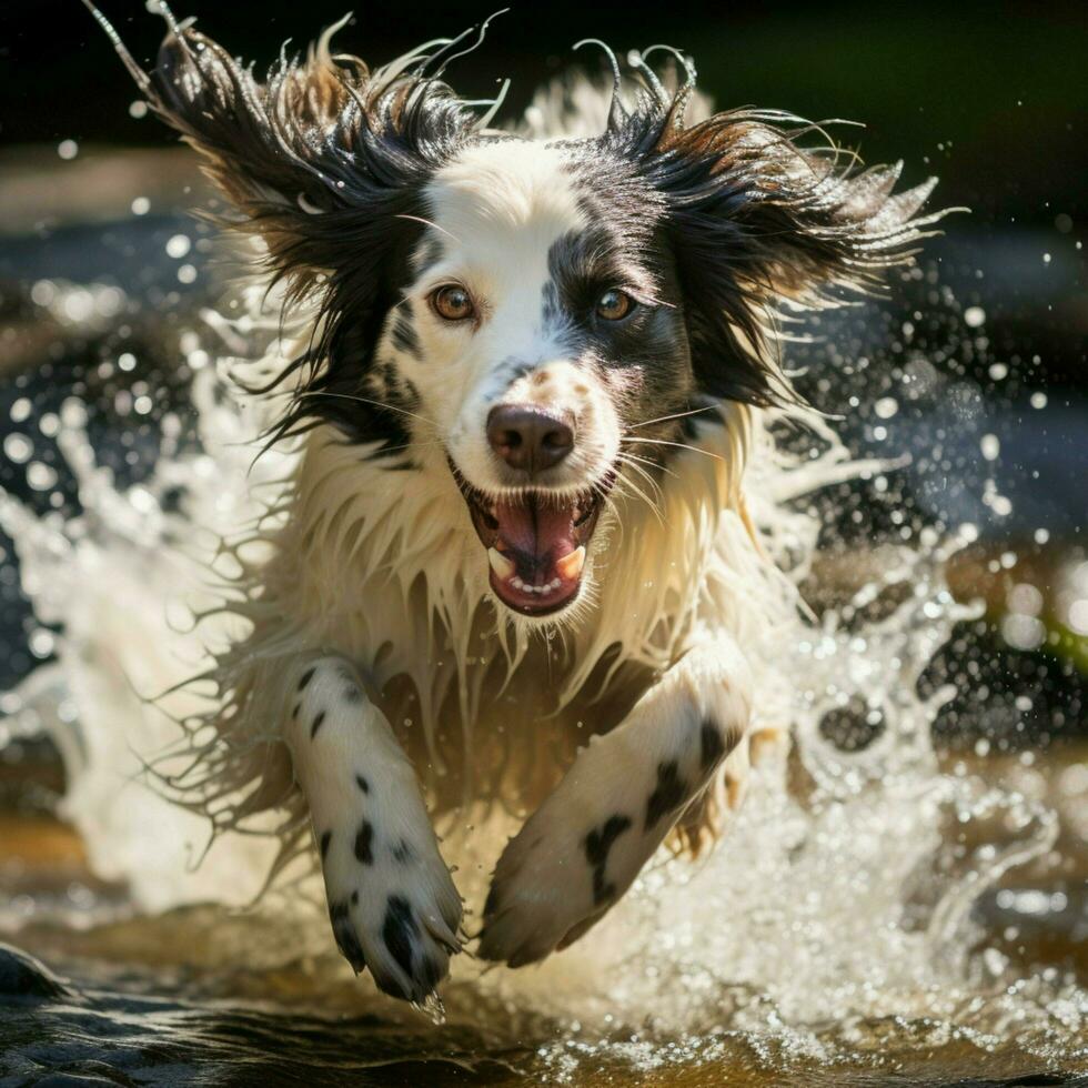 A playful dog splashing in a stream photo