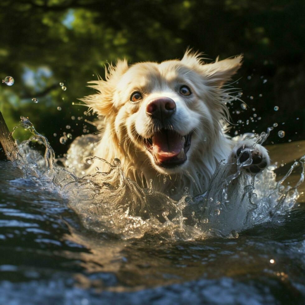 A playful dog splashing in a stream photo