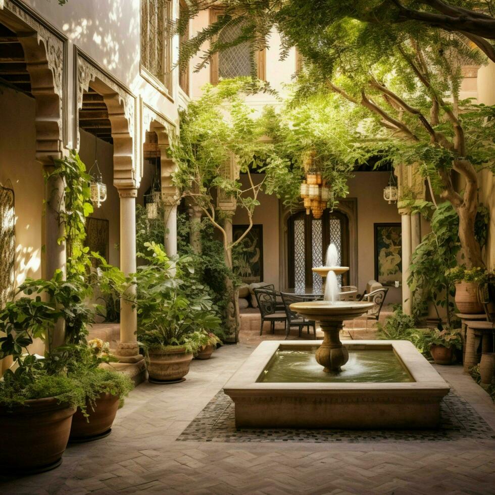 A serene courtyard with a trickling water fountain photo
