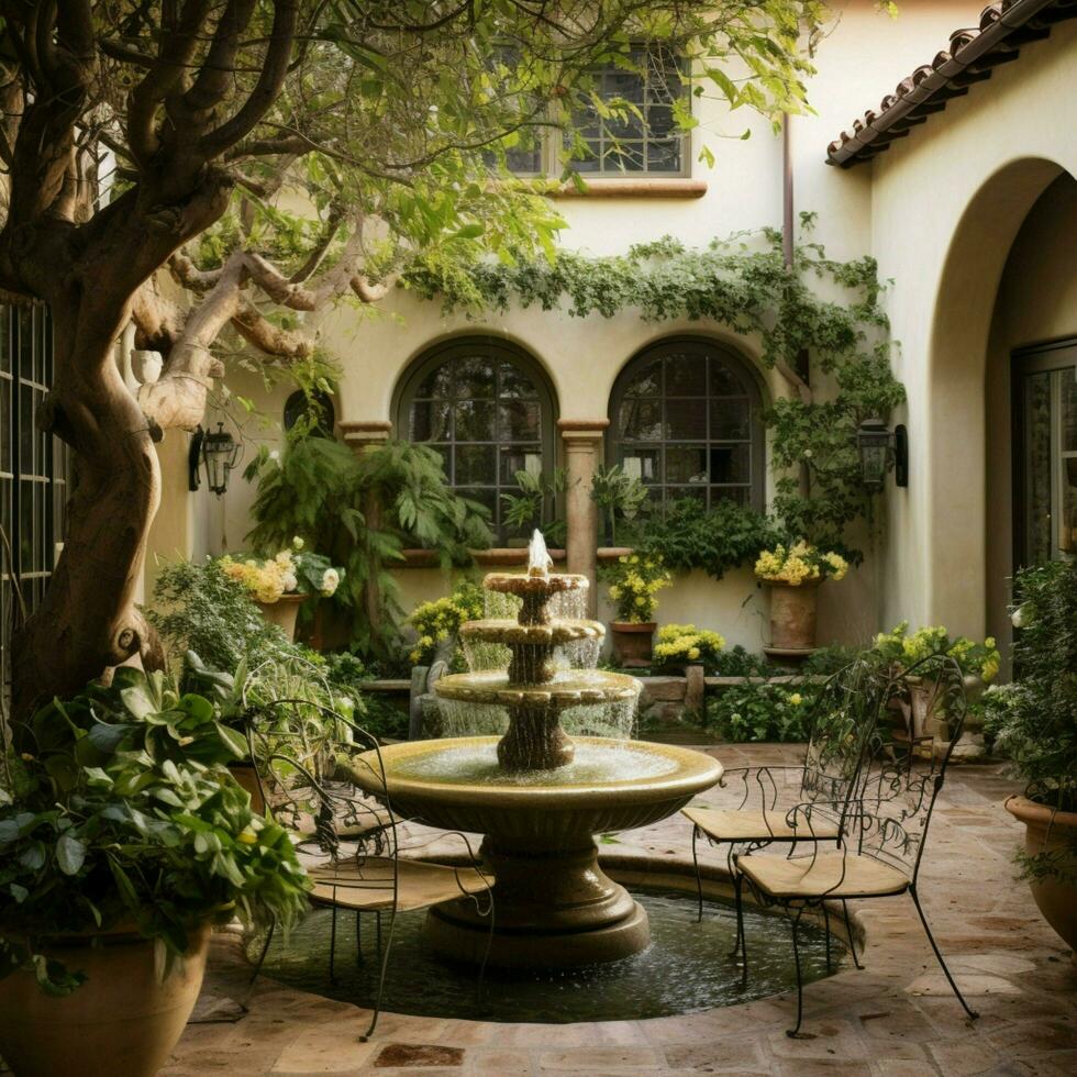 A serene courtyard with a trickling water fountain photo